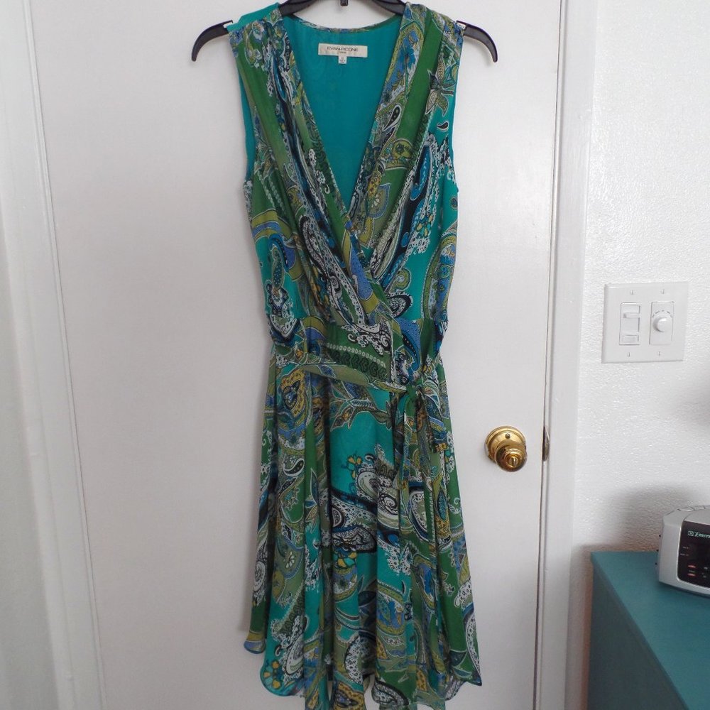 Evan Picone Blue & Green Faux Wrap Dress